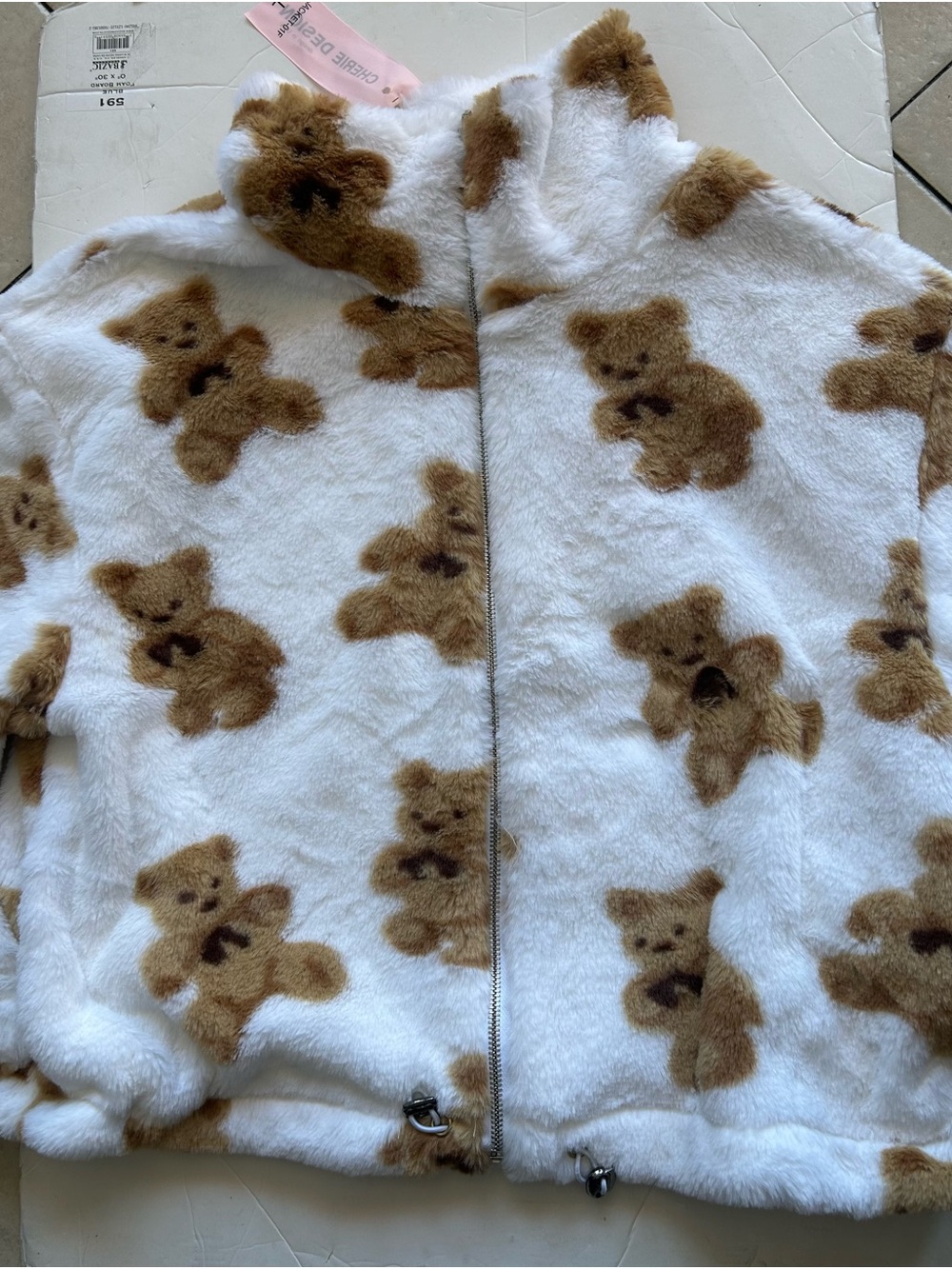 Teddy Print Faux Fur Zip Jacket - White/Brown